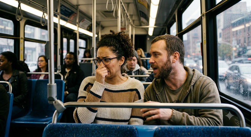 A man and woman sitting next to each other on a public bus, both wrinkling their noses and covering their mouths due to bad breath