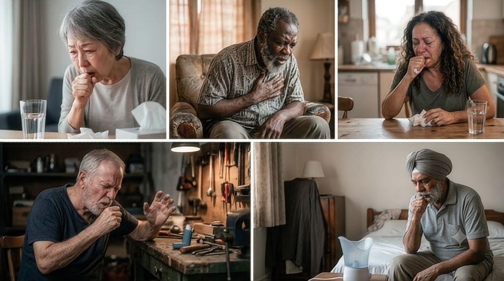 Collage of five people of different ages and backgrounds coughing into their hands at home, illustrating how widespread chronic cough is
