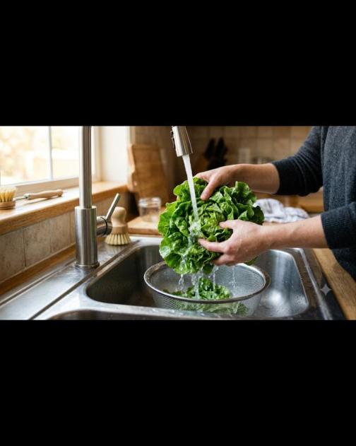 Fresh lettuce being washed thoroughly under running water in a kitchen sink