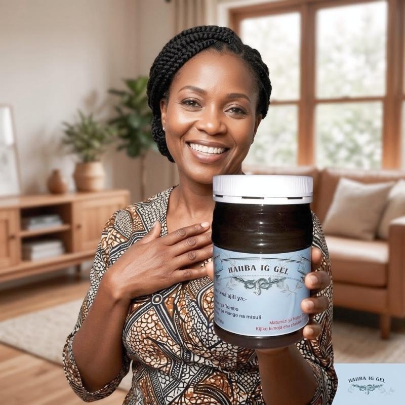 Smiling woman holding a jar of Haiiba IG Gel, a Herbal Impact herbal remedy for vaginal itching and abnormal discharge